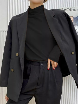 Solid Color Turtleneck Long Sleeve T-shirt in Black