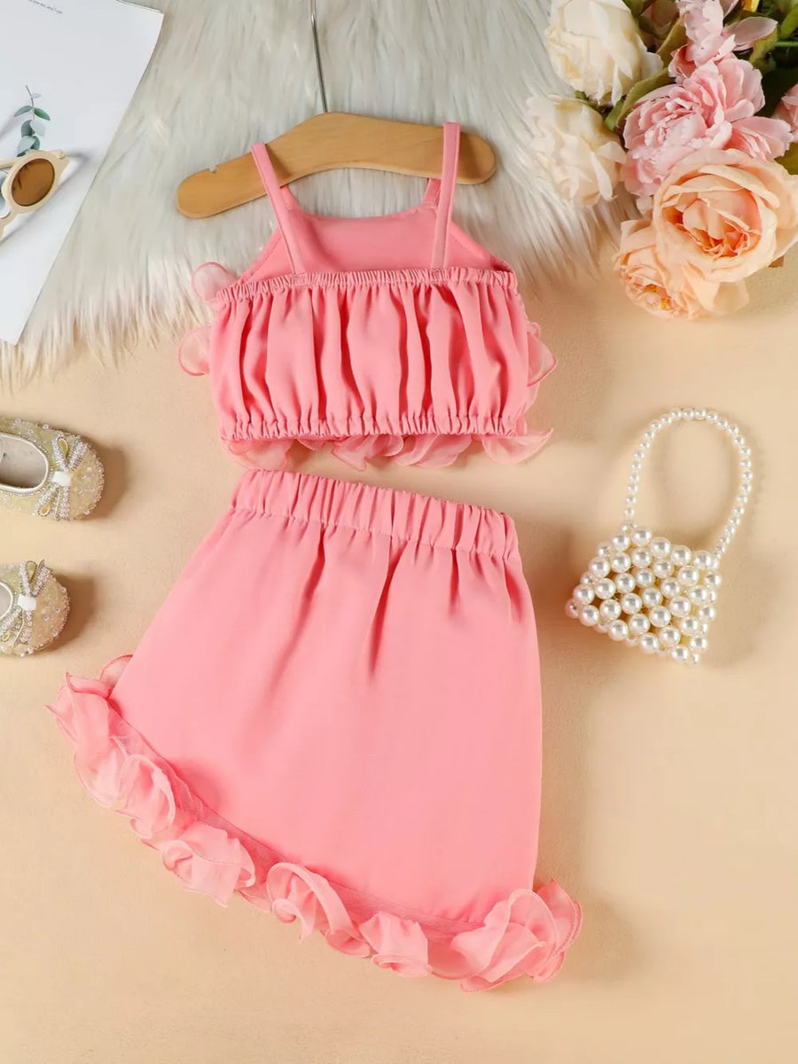 Pink ruffled cami and skirt set with sheer ruffle trim.