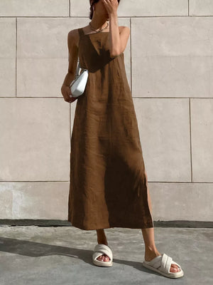 Side Slit Sleeveless Midi Dress in Khaki Color with side slit