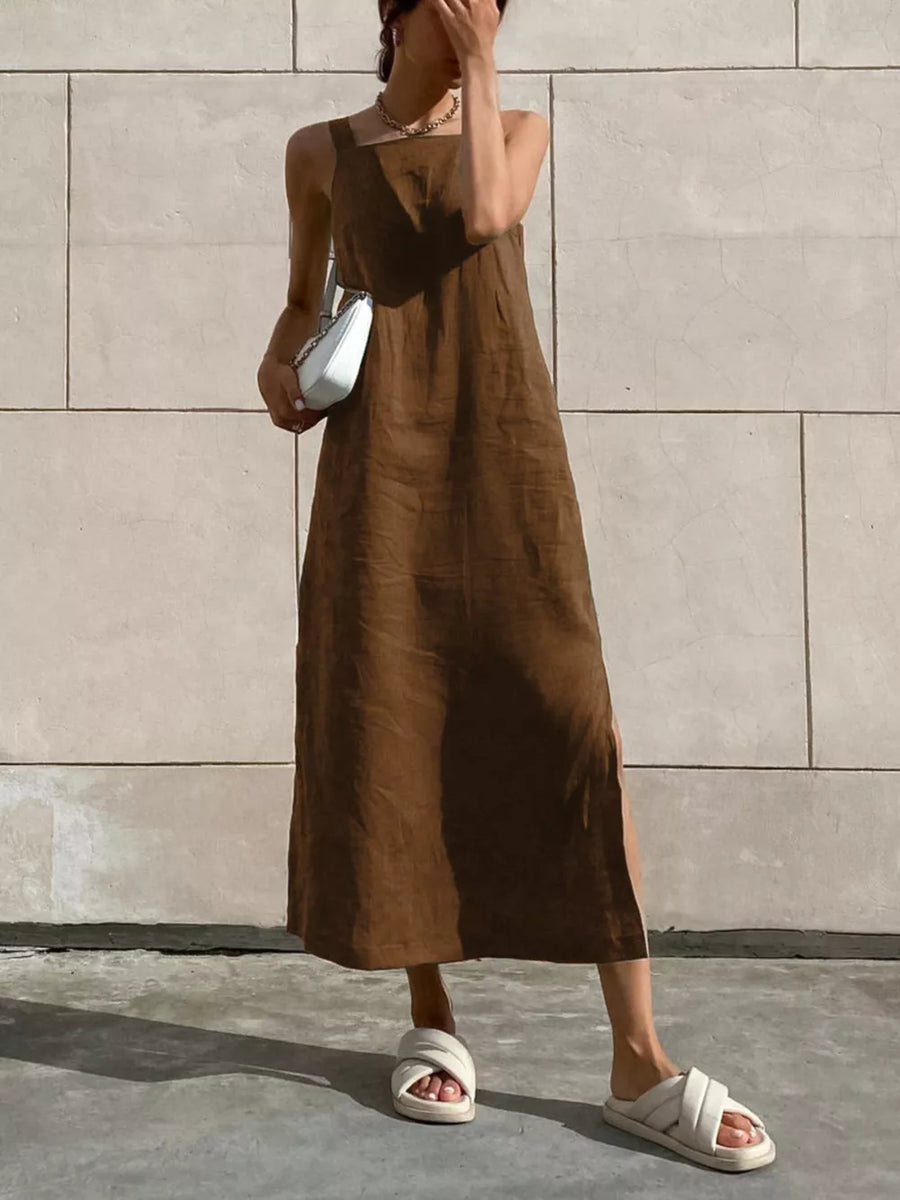 Side Slit Sleeveless Midi Dress in Khaki Color with side slit