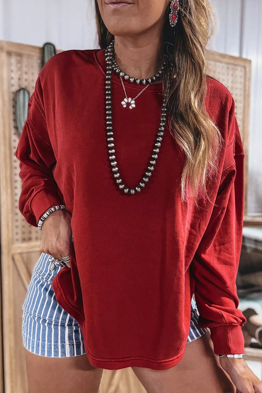 Burgundy with Ribbed Drop Shoulder Cutout Back Sweatshirt in Burgundy