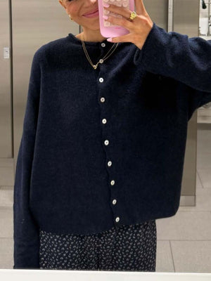 taupe cardigan with waist-length and button-front