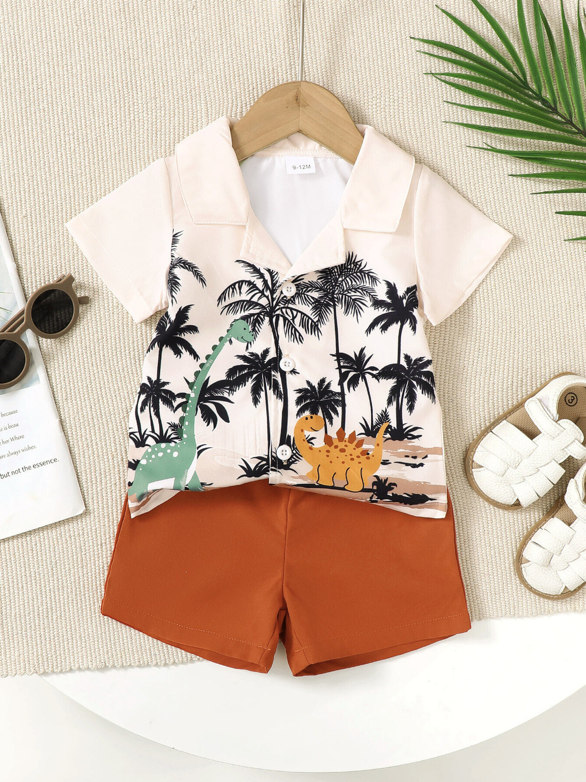 Baby boys' set with dinosaur and palm tree print shirt and burnt orange shorts
