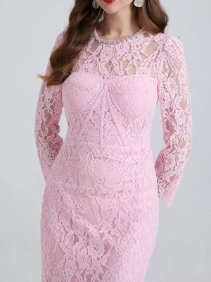 Pink lace midi dress with sheer sleeves and corset detail.