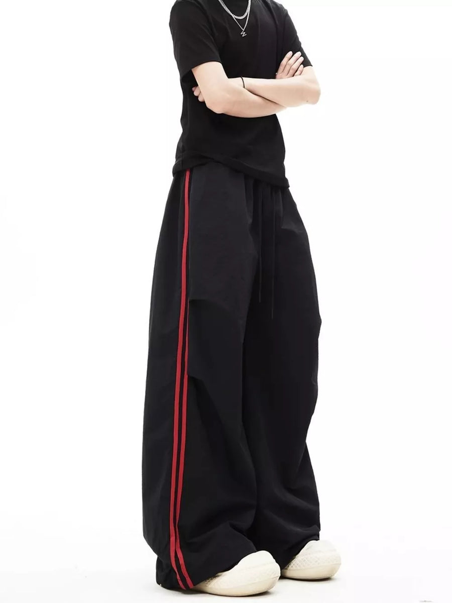 black wide-leg pants with full-length and drawstring