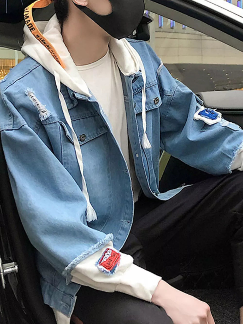 Medium Men's Distressed Patchwork Hooded Denim Jacket