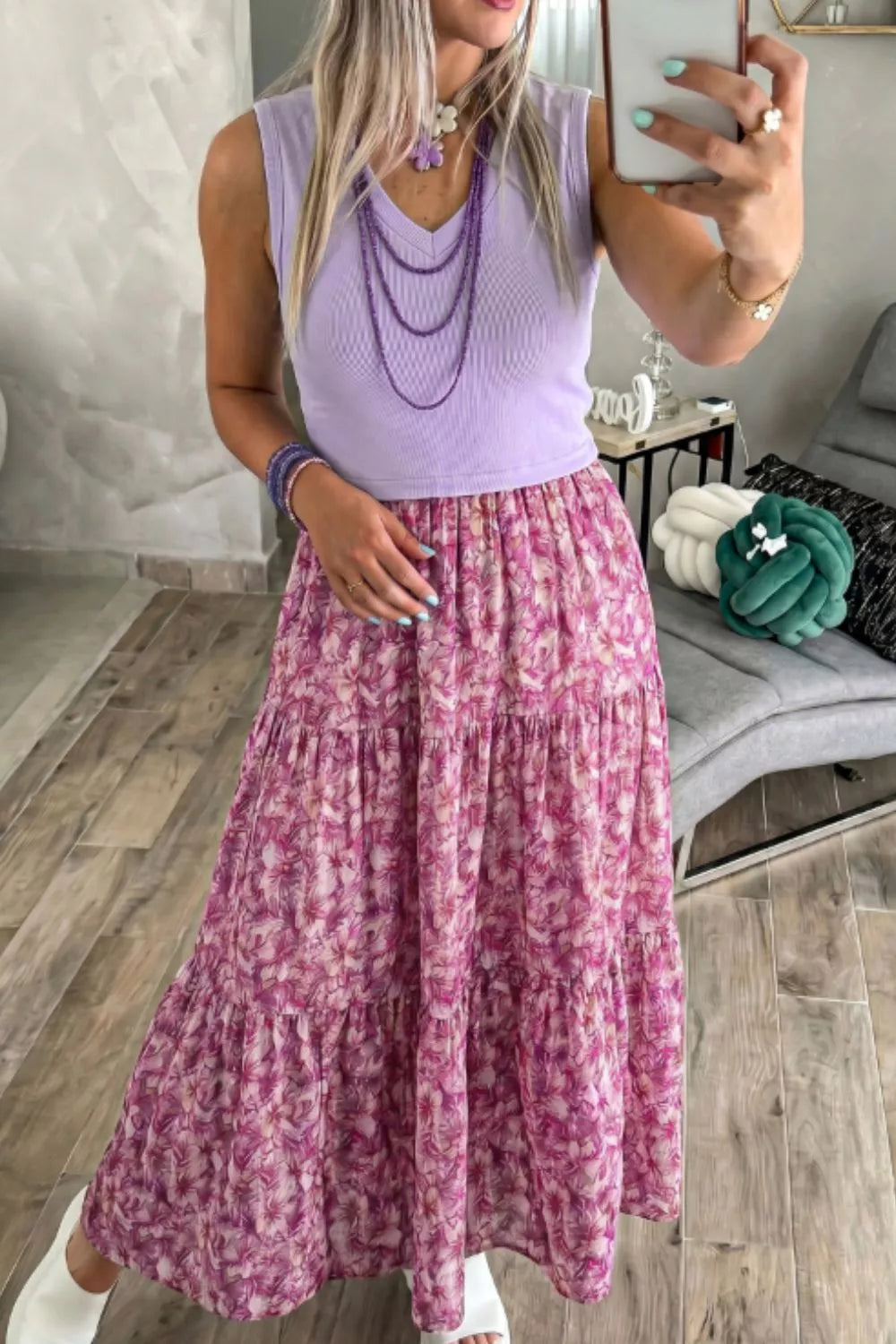 Floral tiered maxi dress with ribbed bodice and v-neck in lavender.