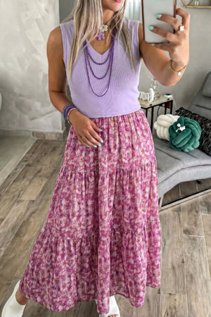 Floral tiered maxi dress with ribbed bodice and v-neck in lavender.