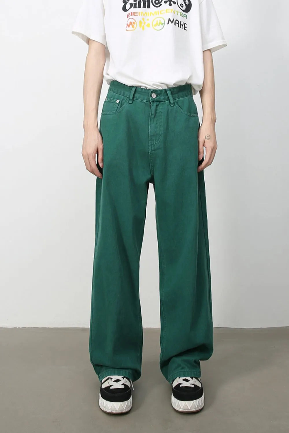 Dark green rigid denim wide-leg trousers with a casual fit.