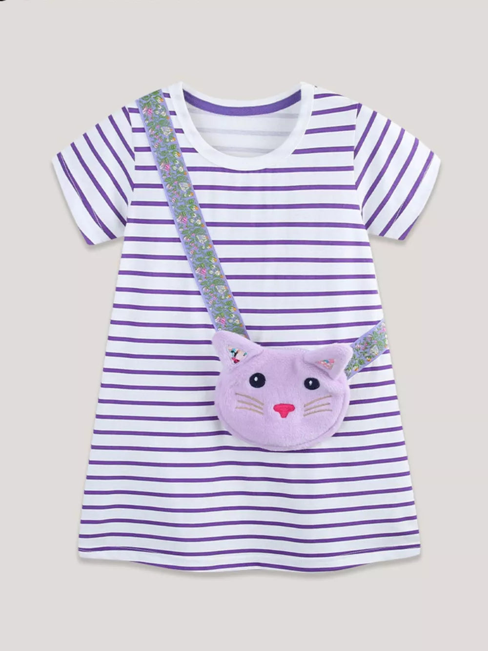 Baby girls' purple and white striped cotton dress with a lavender cat purse.