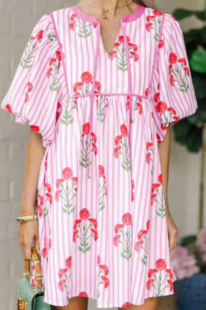Floral stripe mini dress in blush pink with red floral print and tie detail.