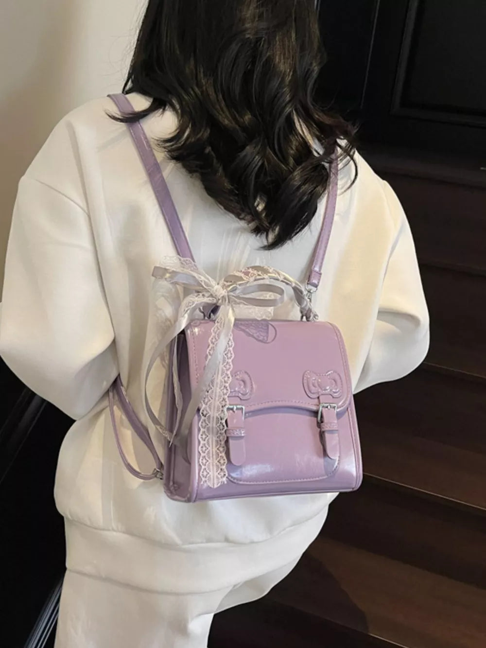 Pu Leather Small Backpack Bag in black with buckle straps
