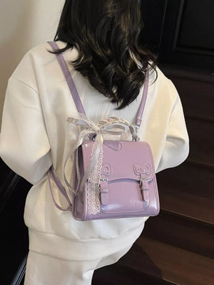Pu Leather Small Backpack Bag in black with buckle straps