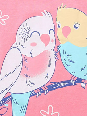 Toddler graphic t-shirt with two cute birds on a branch, pink and blue colors, cotton.