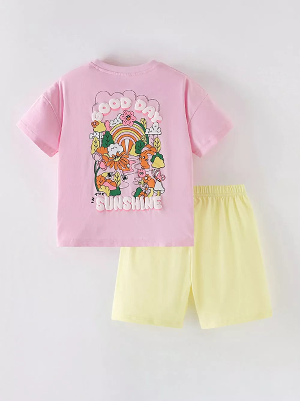 Pink cotton blend toddler girls' graphic t-shirt and yellow shorts set.