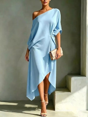 Light blue one-shoulder midi dress with draped detail and asymmetrical hem