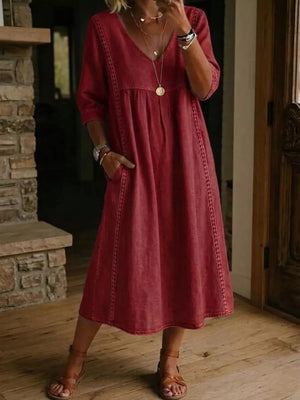 Full Size V-neck 3/4 Sleeve Midi Dress Plus Size in Sky Blue