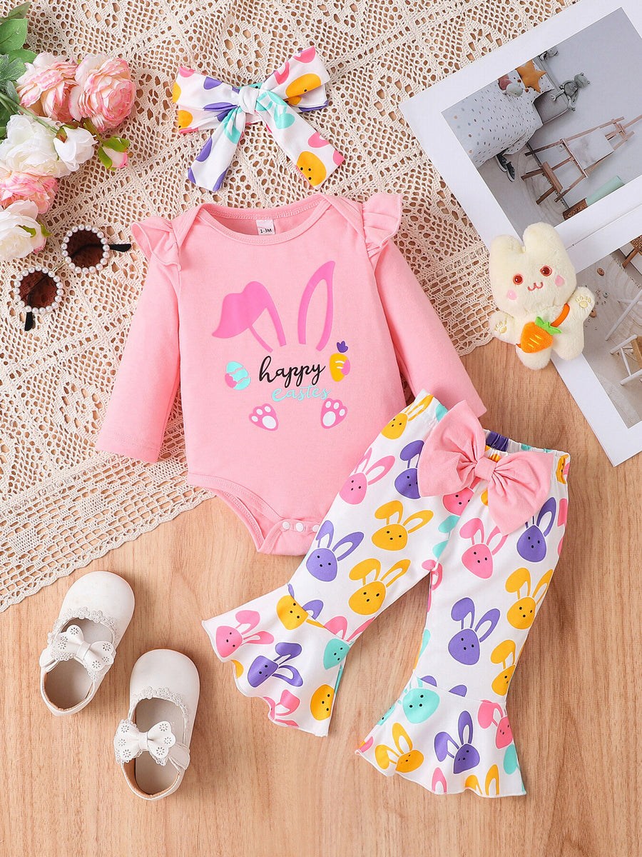 Pink baby set with bunny print bell-bottom pants and ruffled sleeves.
