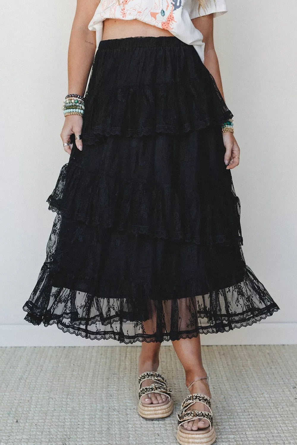 Elegant Ruffle Lace Tiered Skirt in Black