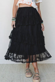 Elegant Ruffle Lace Tiered Skirt in Black