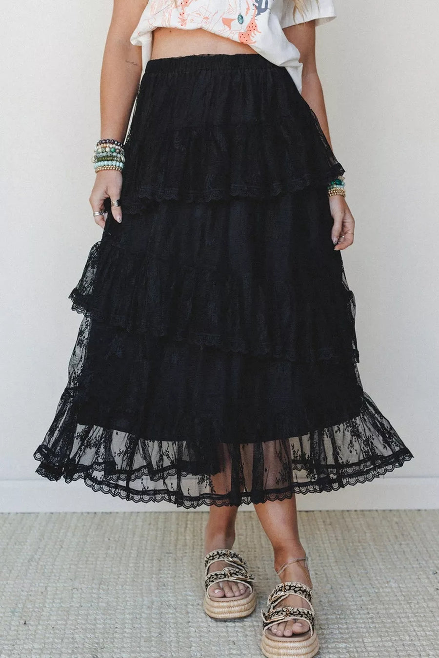 Elegant Ruffle Lace Tiered Skirt in Black