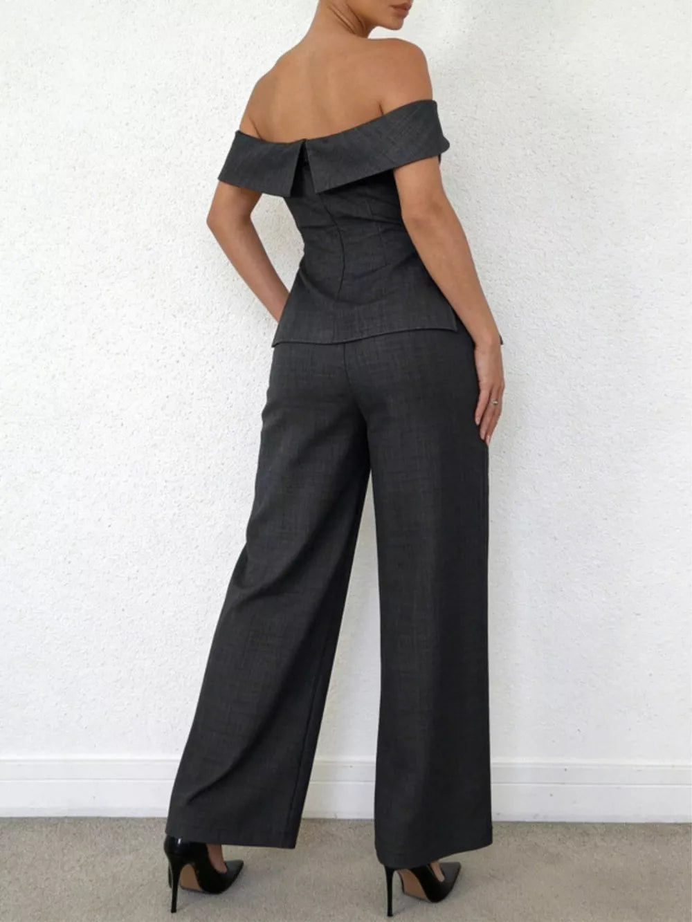 Chic dark gray off-shoulder top and wide-leg pants set for women.