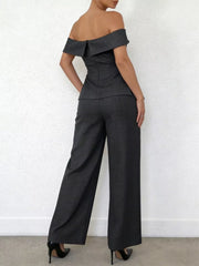 Chic dark gray off-shoulder top and wide-leg pants set for women.
