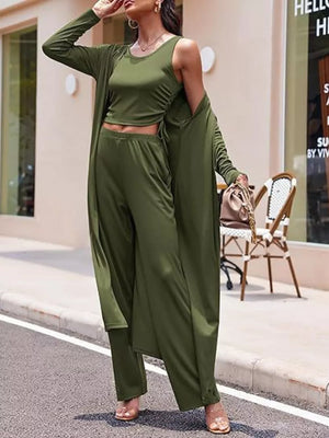 Round Neck Tank Cardigan Pants Set in Navy Blue