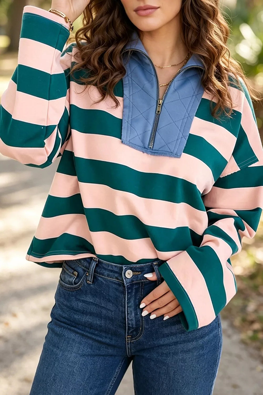 Stripe Quarter-zip Metal Zipper Top option 3