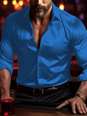 Blue satin shirt with sculpted fit, open collar, and long sleeves.