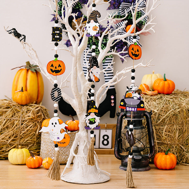Halloween charm trio garland with gnomes, pumpkins, ghosts, and a car with "Boo!