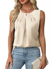 Apricot pleated round neck sleeveless tank top with a subtle sheen.