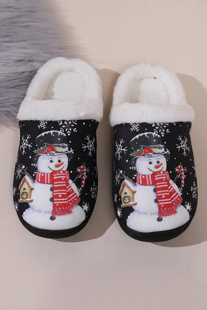 Black faux fur lined slippers with snowman and snowflake print