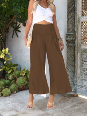 Smocked waist wide-leg pants in Coffee, with a comfortable, casual fit.