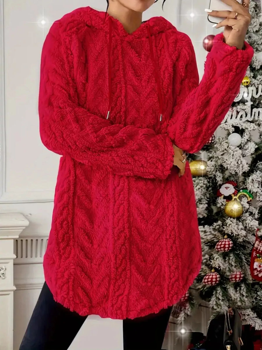 Red textured fleece hoodie with drawstring and chevron pattern.