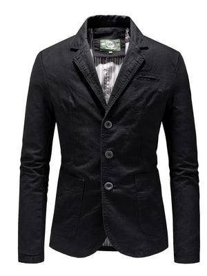 Black casual button-up cotton blazer with three buttons and flap pockets.