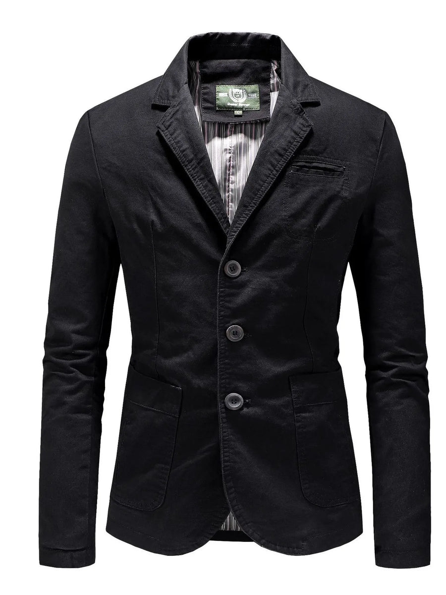 Black casual button-up cotton blazer with three buttons and flap pockets.