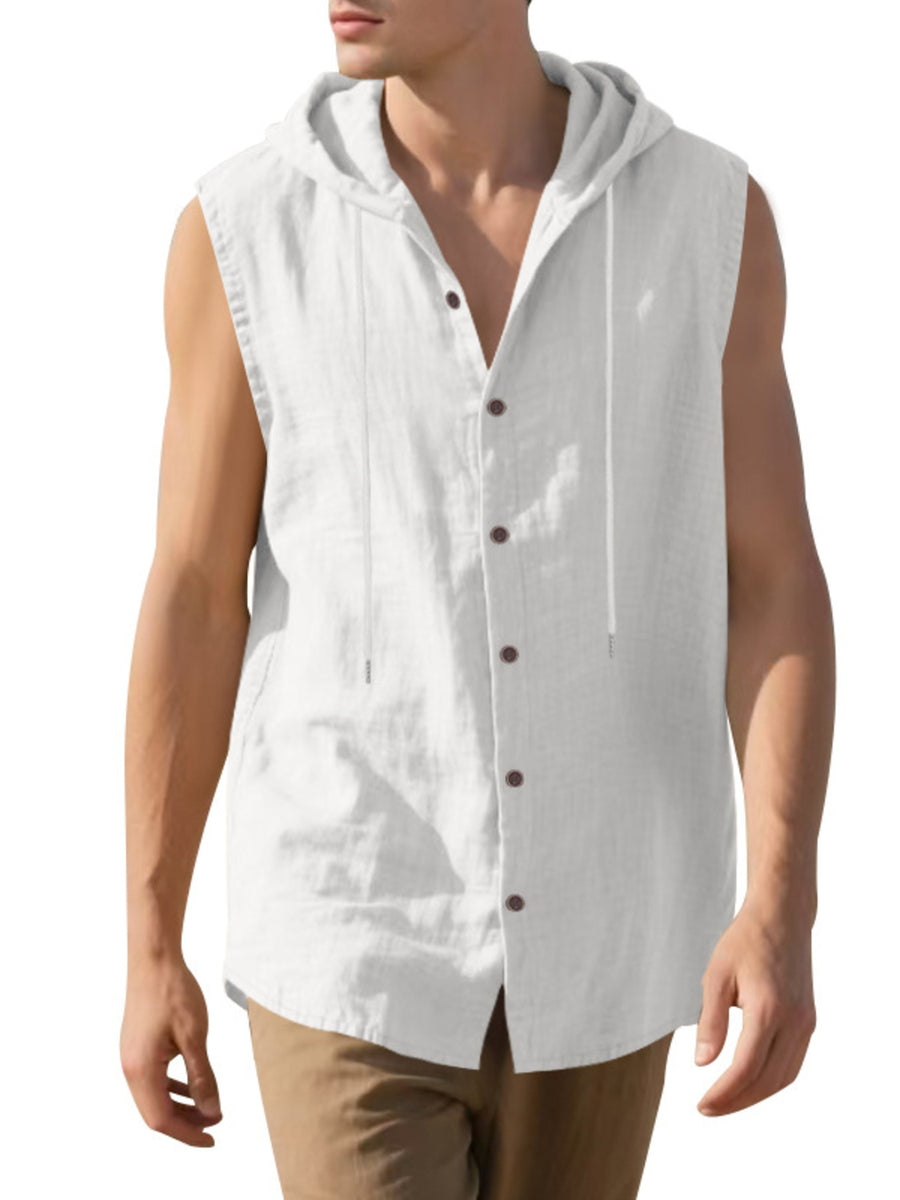 White sleeveless hooded button-up shirt with drawstring detail