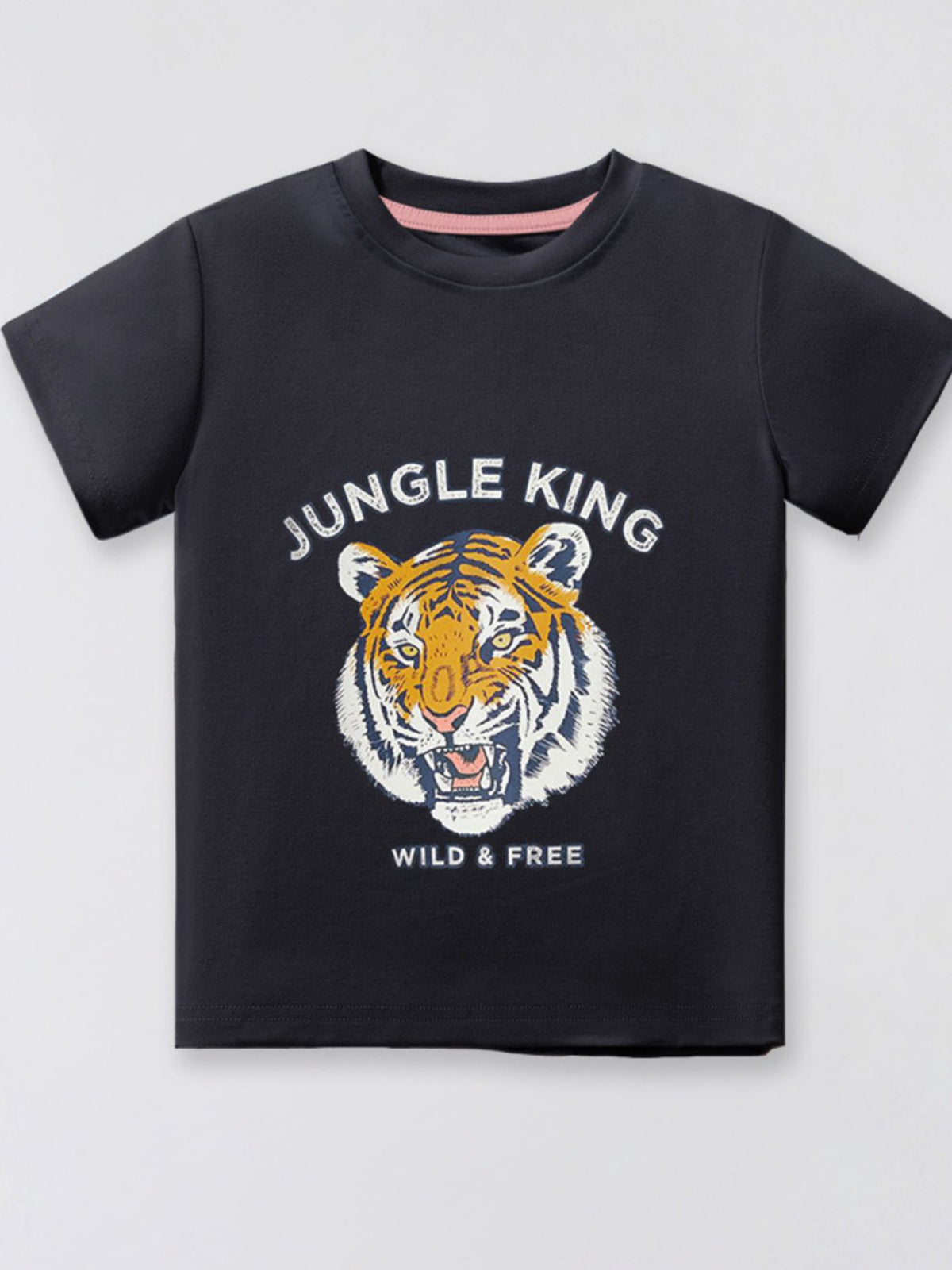 Navy blue cotton crew neck t-shirt with a roaring tiger graphic and "Jungle King Wild & Free" text.