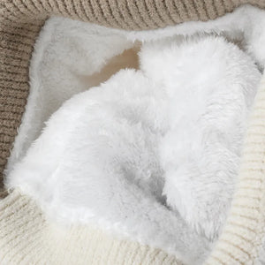 Colorblock knit pom beanie with plush lining detail