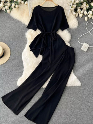 Black tied waist two-piece set with wide leg pants and short sleeves