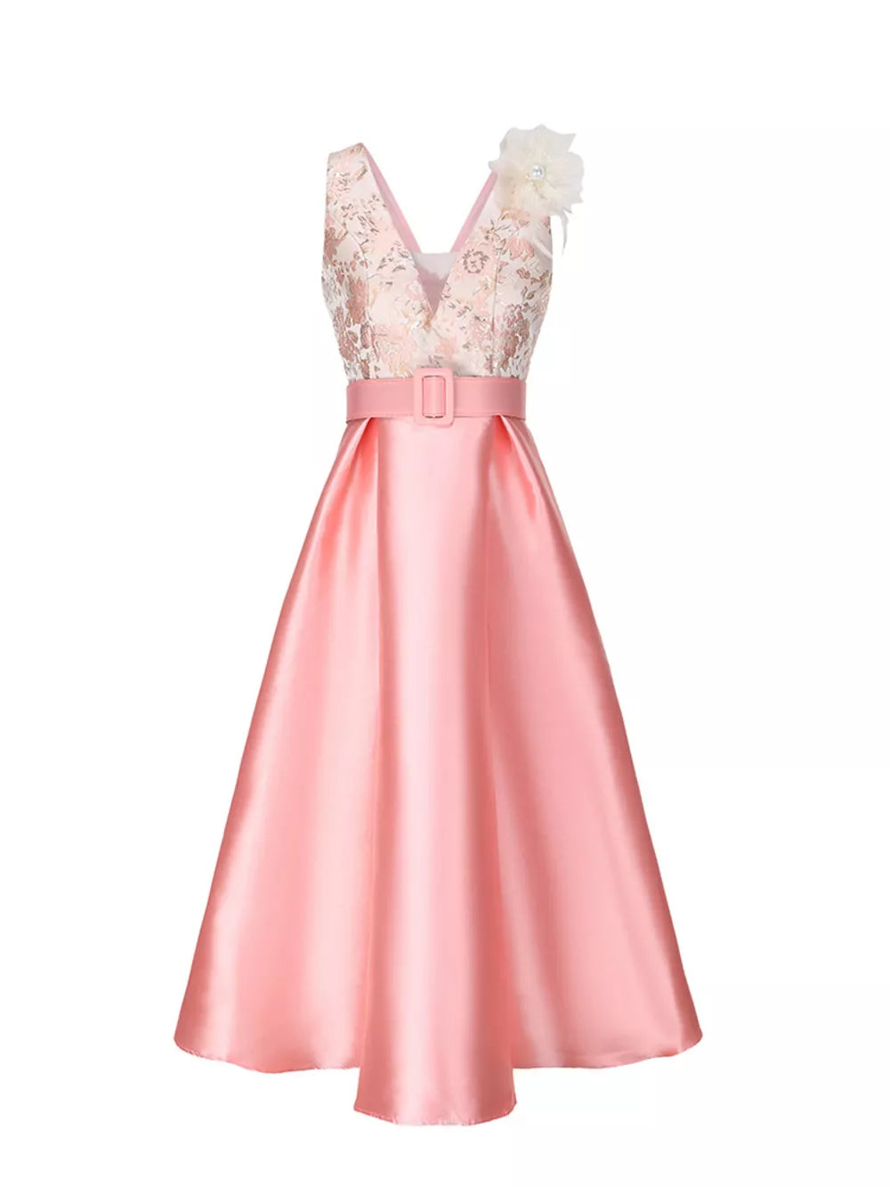 Pink midi dress with floral appliqué bodice, belted waist, and A-line skirt.