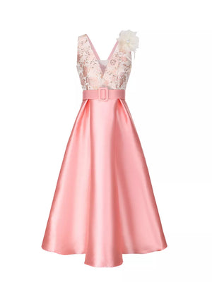 Pink midi dress with floral appliqué bodice, belted waist, and A-line skirt.