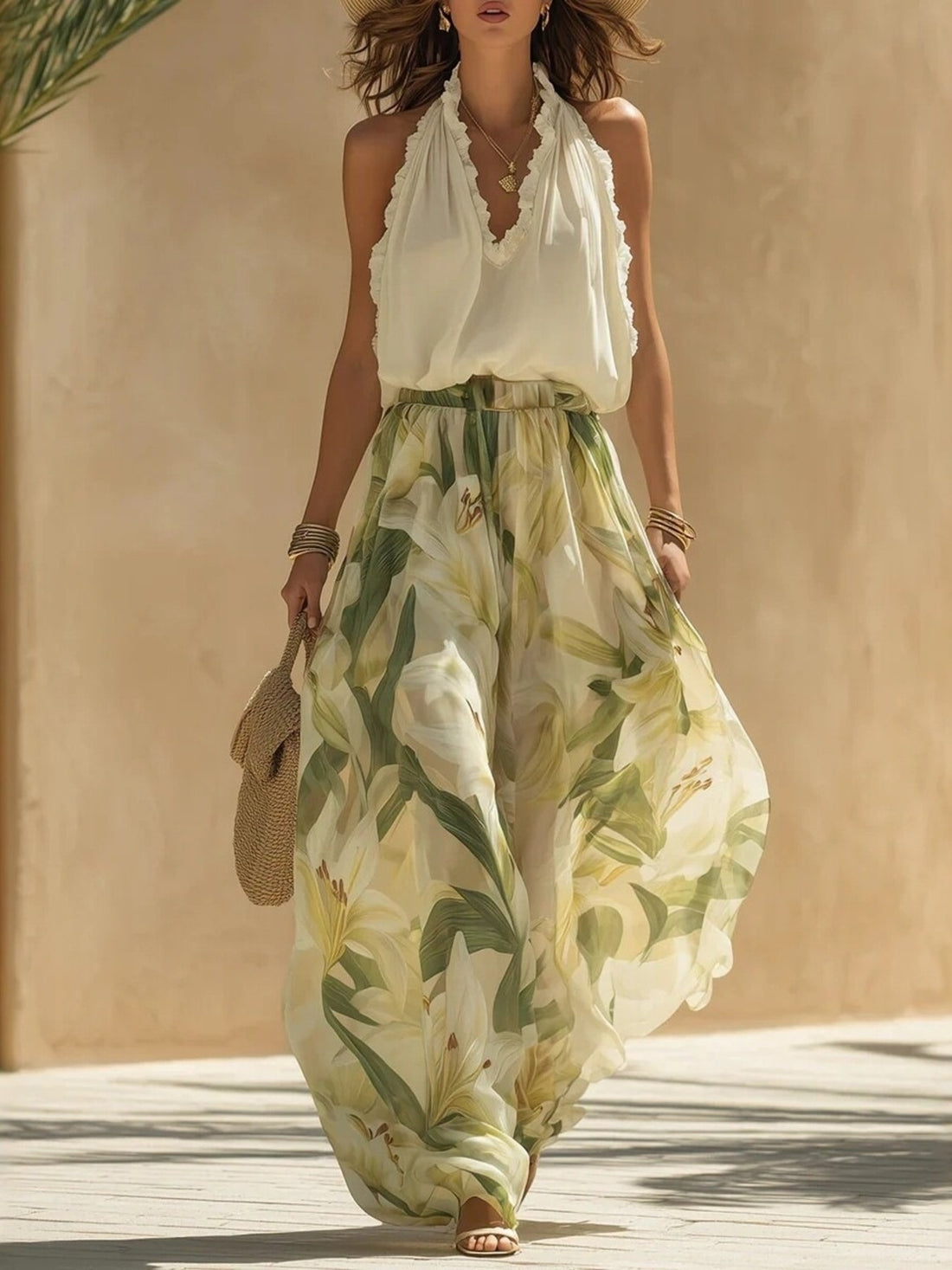 ivory two-piece set with floral and halter