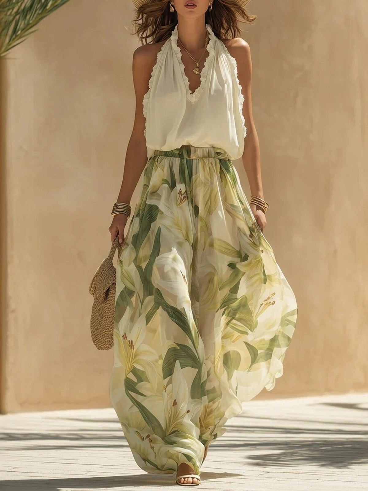 ivory two-piece set with floral and halter