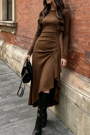 Ruched Asymmetrical Hem Long Sleeve Dress option 5
