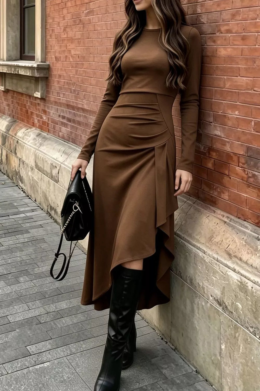 Ruched Asymmetrical Hem Long Sleeve Dress option 5