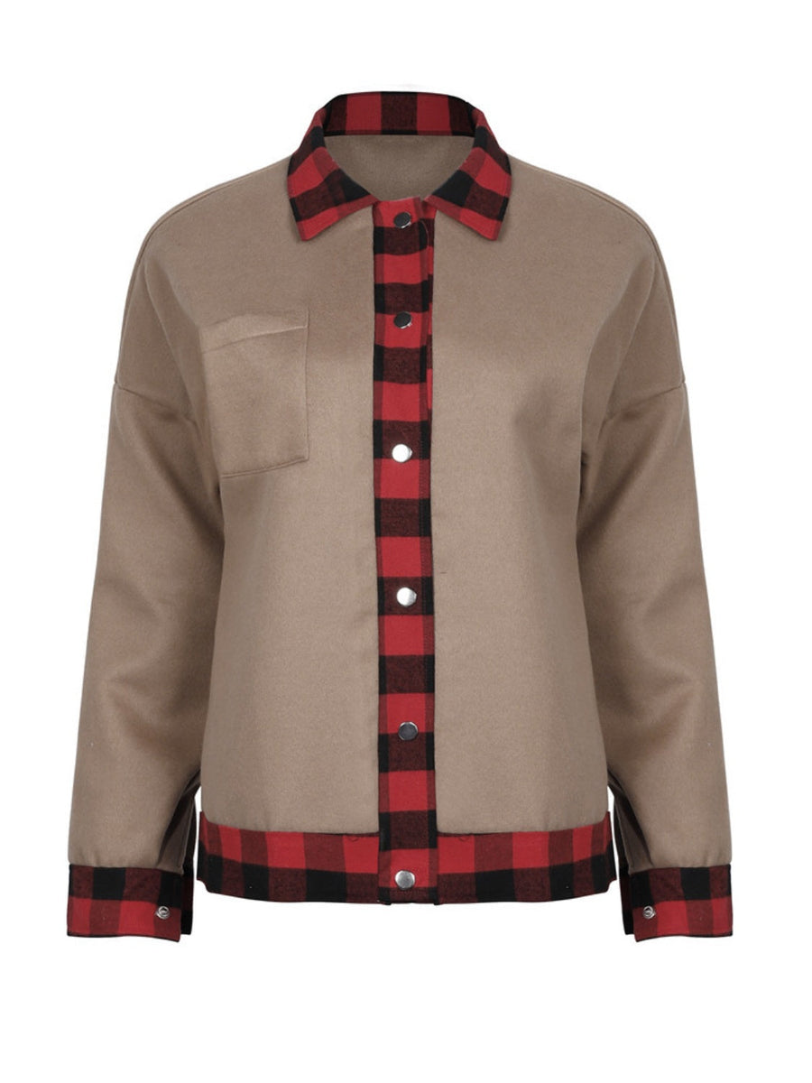 Taupe casual jacket with red plaid trim on collar, placket, and cuffs.