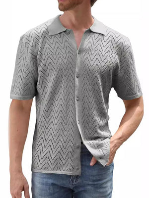 Gray chevron knit polo shirt with short sleeves and open knit detail