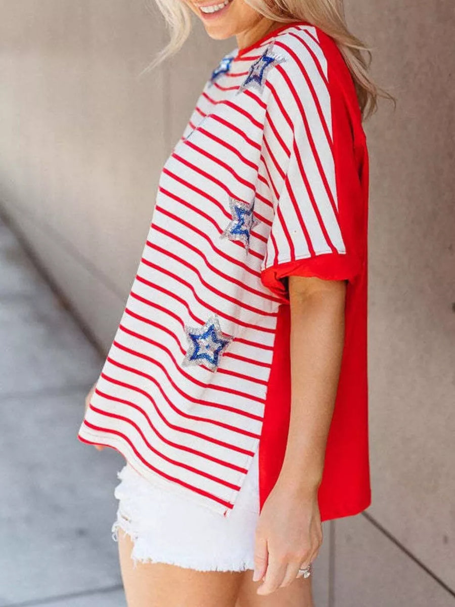 Patriotic sequin star t-shirt with red and white stripes, red sleeves, and a crew neck.